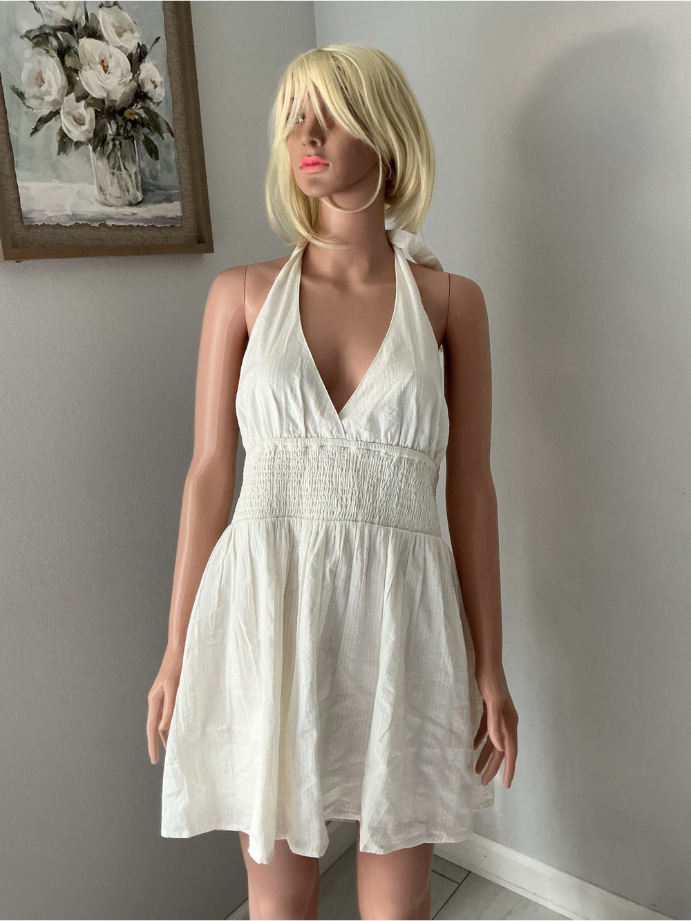 No Boundaries White Strapless Halter Smocked Waist Dress